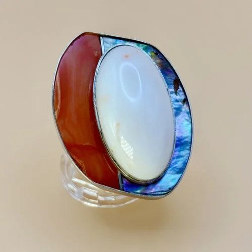 Anello in Corallo Bianco, Rosso, Haliotis e Argento